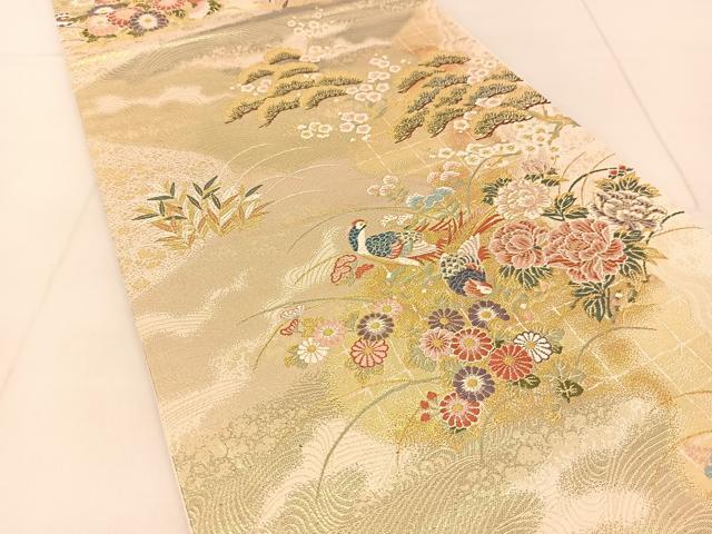 平和屋着物◎六通柄袋帯　唐織　休み鳥風景文　金糸　正絹　逸品　BAAU2252yc