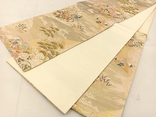 平和屋着物◎六通柄袋帯　唐織　休み鳥風景文　金糸　正絹　逸品　BAAU2252yc