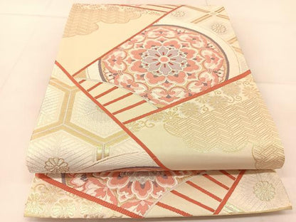 平和屋着物◎六通柄袋帯　唐織　扇吉祥花文　金銀糸　正絹　逸品　BAAU2255yc