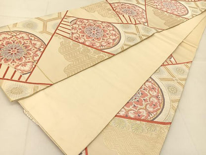 平和屋着物◎六通柄袋帯　唐織　扇吉祥花文　金銀糸　正絹　逸品　BAAU2255yc
