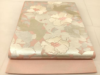 平和屋着物◎太鼓柄袋帯　銀駒刺繍　花鳥文　銀彩　引箔　正絹　逸品　BAAU2261yc