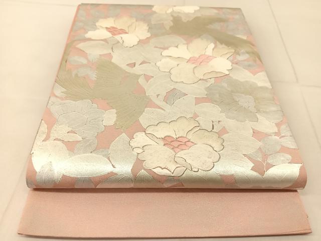 平和屋着物◎太鼓柄袋帯　銀駒刺繍　花鳥文　銀彩　引箔　正絹　逸品　BAAU2261yc