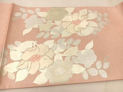 平和屋着物◎太鼓柄袋帯　銀駒刺繍　花鳥文　銀彩　引箔　正絹　逸品　BAAU2261yc