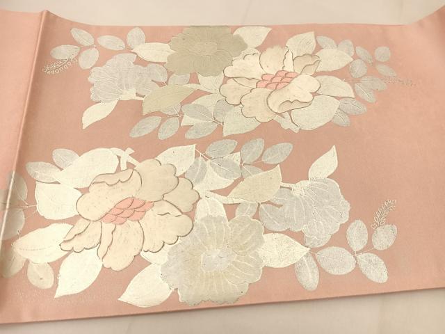 平和屋着物◎太鼓柄袋帯　銀駒刺繍　花鳥文　銀彩　引箔　正絹　逸品　BAAU2261yc