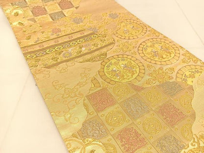 平和屋着物◎六通柄袋帯　唐織　吉祥人物丸文　金糸　正絹　逸品　BAAU2273yc