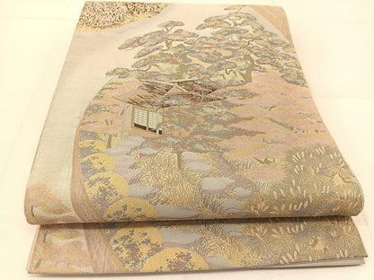 平和屋着物◎全通柄袋帯 風景花文 正絹 逸品 BAAU2279yc