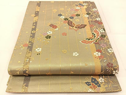 平和屋着物◎六通柄袋帯　唐織　花蝶文　金糸　正絹　逸品　BAAU2288yc