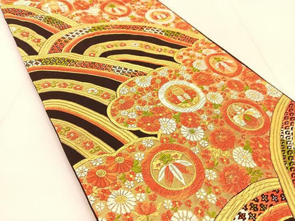 平和屋着物◎六通柄袋帯　唐織　雲取り花蝶青海波　金糸　正絹　逸品　BAAU2293yc