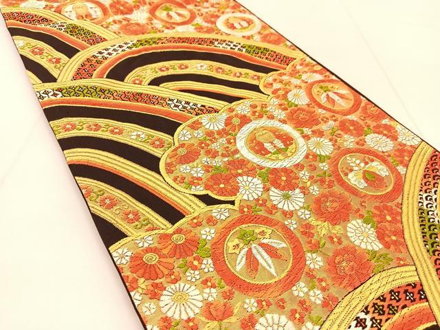 平和屋着物◎六通柄袋帯　唐織　雲取り花蝶青海波　金糸　正絹　逸品　BAAU2293yc