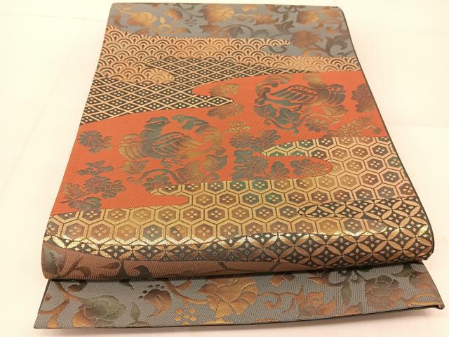 平和屋着物◎六通柄袋帯　鳳凰吉祥花文　金糸　正絹　逸品　BAAU2302yc