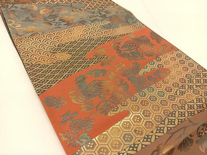 平和屋着物◎六通柄袋帯　鳳凰吉祥花文　金糸　正絹　逸品　BAAU2302yc