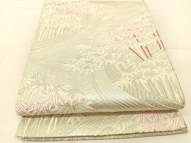 平和屋着物◎六通柄袋帯 唐織 笹竹文 銀糸 正絹 逸品 BAAU2305yc