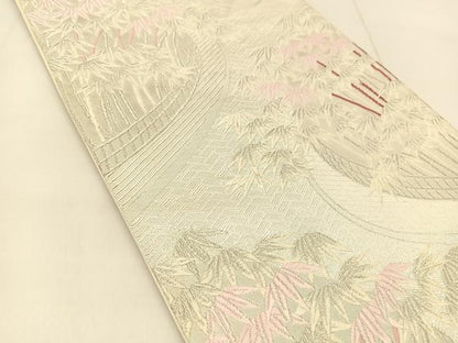 平和屋着物◎六通柄袋帯 唐織 笹竹文 銀糸 正絹 逸品 BAAU2305yc