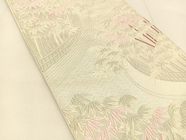 平和屋着物◎六通柄袋帯 唐織 笹竹文 銀糸 正絹 逸品 BAAU2305yc