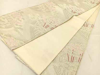 平和屋着物◎六通柄袋帯 唐織 笹竹文 銀糸 正絹 逸品 BAAU2305yc