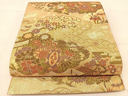 平和屋着物◎六通柄袋帯　雲取り楽器花文　金銀糸　正絹　逸品　BAAU2309yc