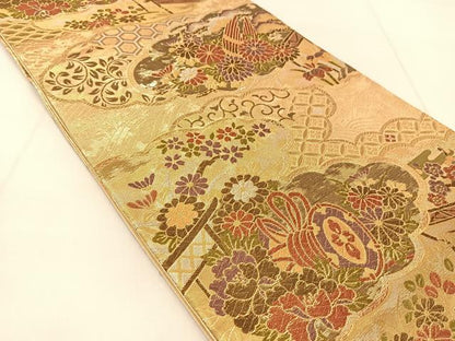 平和屋着物◎六通柄袋帯　雲取り楽器花文　金銀糸　正絹　逸品　BAAU2309yc