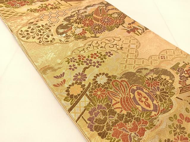 平和屋着物◎六通柄袋帯　雲取り楽器花文　金銀糸　正絹　逸品　BAAU2309yc