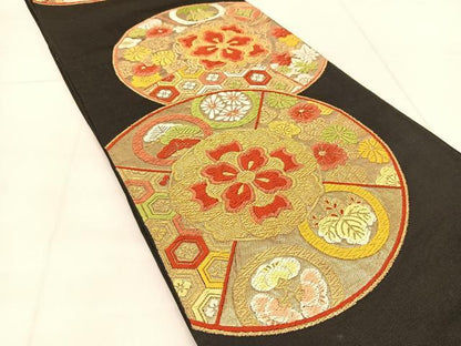 平和屋着物◎六通柄袋帯　唐織　正倉院花丸文　黒地　金糸　正絹　逸品　BAAU2340yc