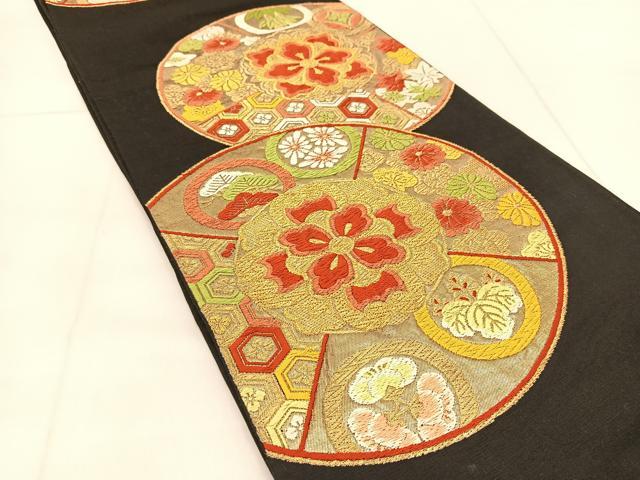 平和屋着物◎六通柄袋帯　唐織　正倉院花丸文　黒地　金糸　正絹　逸品　BAAU2340yc