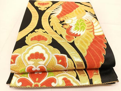 平和屋着物◎六通柄袋帯　唐織　鳳凰立涌花文　黒地　金銀糸　正絹　逸品　BAAU2345yc