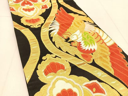 平和屋着物◎六通柄袋帯　唐織　鳳凰立涌花文　黒地　金銀糸　正絹　逸品　BAAU2345yc
