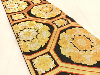 平和屋着物◎六通柄袋帯　蜀江正倉院花文　黒地　金銀糸　正絹　逸品　BAAU2350yc