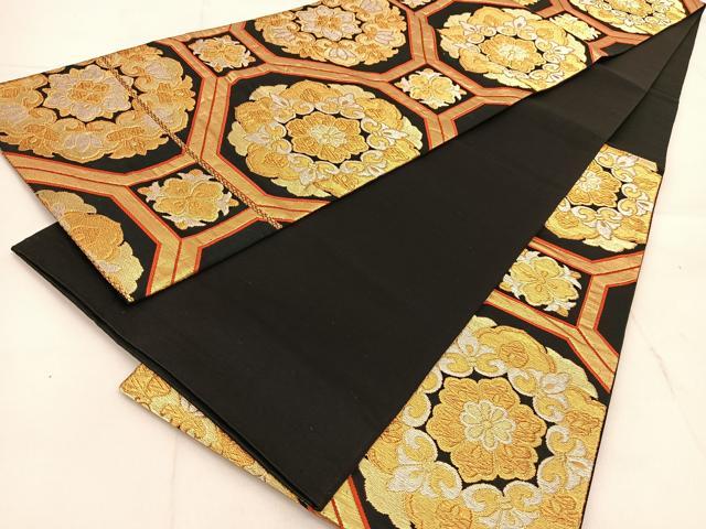 平和屋着物◎六通柄袋帯　蜀江正倉院花文　黒地　金銀糸　正絹　逸品　BAAU2350yc