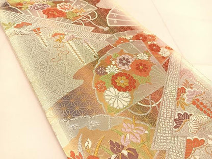 平和屋着物◎六通柄袋帯　唐織　檜扇花文　金銀糸　正絹　逸品　BAAU2363yc
