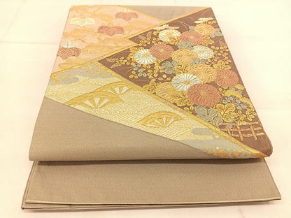 平和屋着物◎太鼓柄袋帯　吉祥花文　金銀糸　正絹　逸品　BAAU2374yc