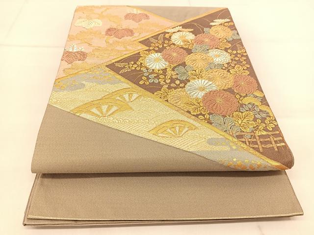 平和屋着物◎太鼓柄袋帯　吉祥花文　金銀糸　正絹　逸品　BAAU2374yc