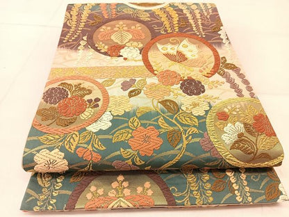 平和屋着物●六通柄袋帯　唐織　花蝶丸文　金糸　正絹　逸品　BAAU2393yc