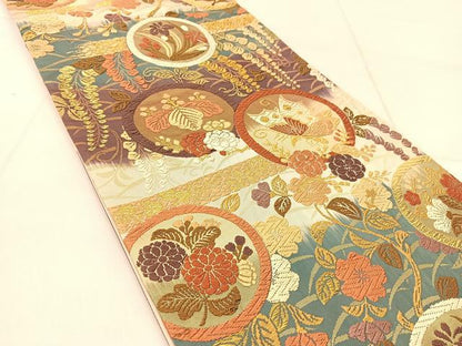 平和屋着物●六通柄袋帯　唐織　花蝶丸文　金糸　正絹　逸品　BAAU2393yc