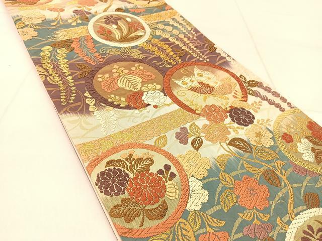 平和屋着物●六通柄袋帯　唐織　花蝶丸文　金糸　正絹　逸品　BAAU2393yc