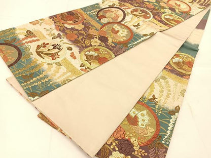 平和屋着物●六通柄袋帯　唐織　花蝶丸文　金糸　正絹　逸品　BAAU2393yc