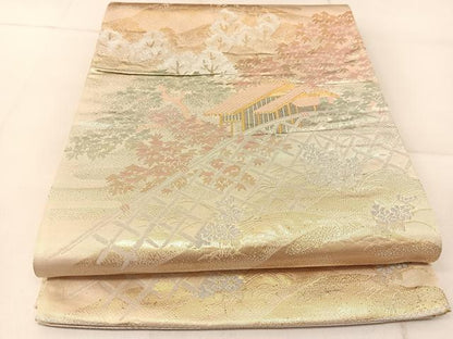 平和屋着物◎六通柄袋帯　風景樹林文　金銀糸　正絹　逸品　BAAU2432yc