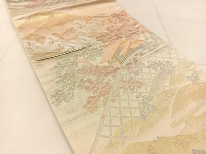 平和屋着物◎六通柄袋帯　風景樹林文　金銀糸　正絹　逸品　BAAU2432yc