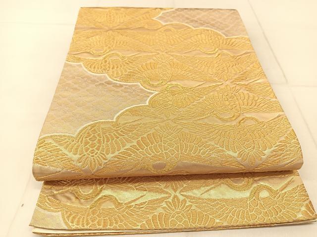 平和屋着物◎六通柄袋帯　双鶴文　金糸　正絹　逸品　BAAU2441yc