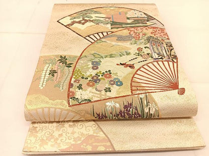 平和屋着物◎六通柄袋帯　唐織　扇面御所車花文　金銀糸　正絹　逸品　BAAU2450yc