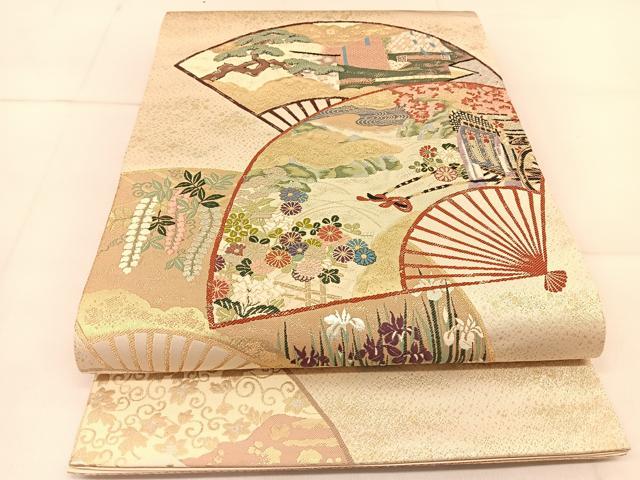 平和屋着物◎六通柄袋帯　唐織　扇面御所車花文　金銀糸　正絹　逸品　BAAU2450yc
