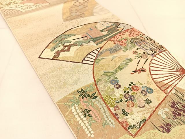 平和屋着物◎六通柄袋帯　唐織　扇面御所車花文　金銀糸　正絹　逸品　BAAU2450yc