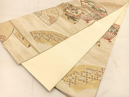 平和屋着物◎六通柄袋帯　唐織　扇面御所車花文　金銀糸　正絹　逸品　BAAU2450yc