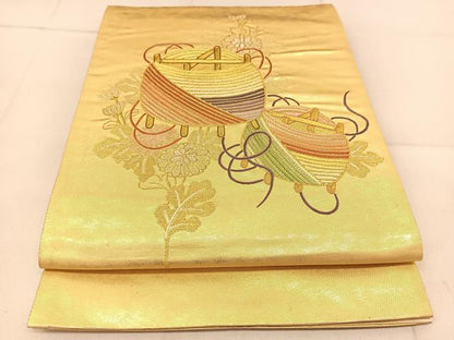 平和屋着物◎太鼓柄袋帯　総刺繍　駒刺繍　糸巻き花文　金糸　引箔　正絹　逸品　BAAU2451yc