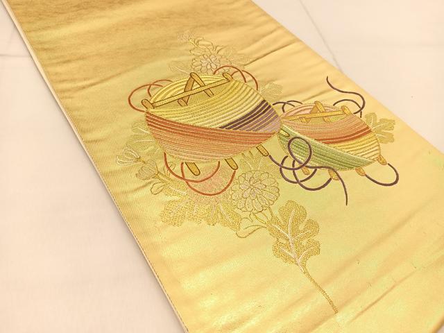 平和屋着物◎太鼓柄袋帯　総刺繍　駒刺繍　糸巻き花文　金糸　引箔　正絹　逸品　BAAU2451yc