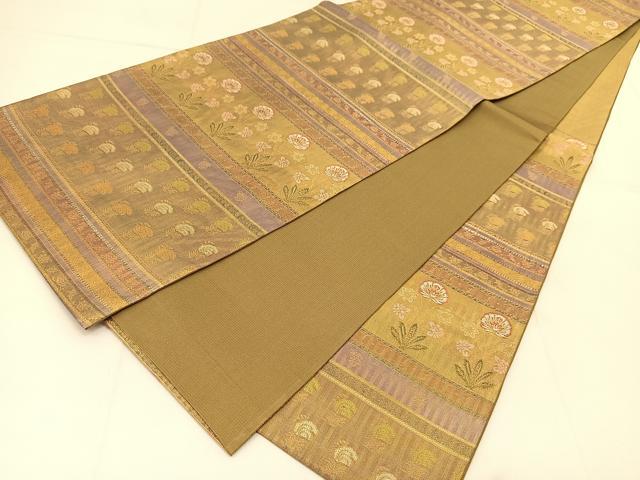 平和屋着物◎六通柄袋帯　唐織　絹ゆら織　横段草花文　金糸　正絹　逸品　BAAU2458yc