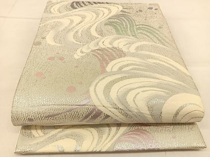 平和屋着物◎六通柄袋帯　唐織　立波文　銀糸　正絹　逸品　BAAU2461yc
