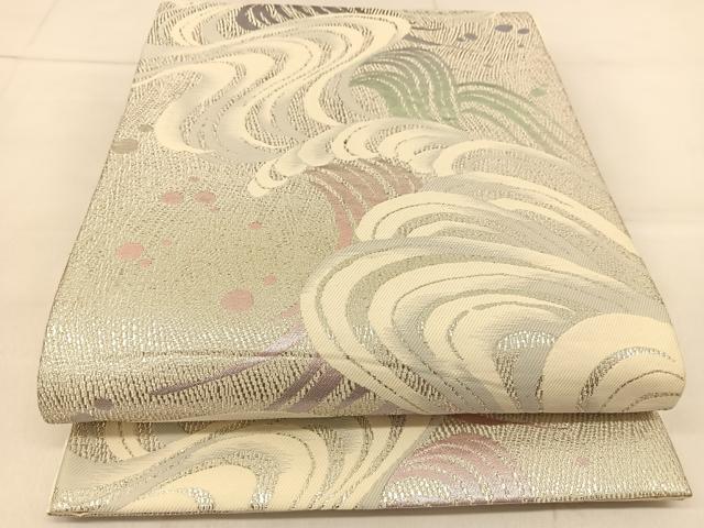 平和屋着物◎六通柄袋帯　唐織　立波文　銀糸　正絹　逸品　BAAU2461yc