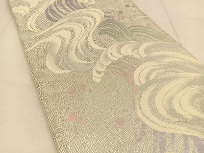 平和屋着物◎六通柄袋帯　唐織　立波文　銀糸　正絹　逸品　BAAU2461yc
