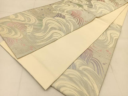 平和屋着物◎六通柄袋帯　唐織　立波文　銀糸　正絹　逸品　BAAU2461yc