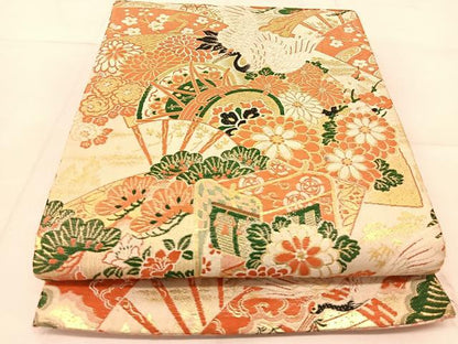 平和屋着物◎全通柄袋帯　唐織　飛鶴吉祥花文　金糸　正絹　逸品　BAAU2479yc